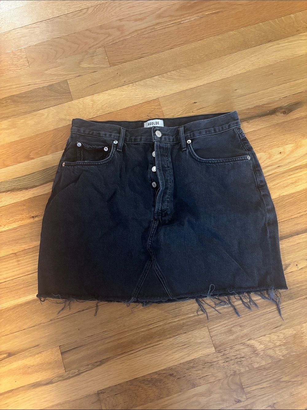 Agolde Black Button-Front Raw-Hem Denim Mini Skirt